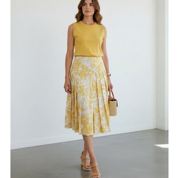 Oscar de la Renta Dresses & Skirts - Oscar de la Renta Yellow Floral Pleated Fringe Skirt Sz 8